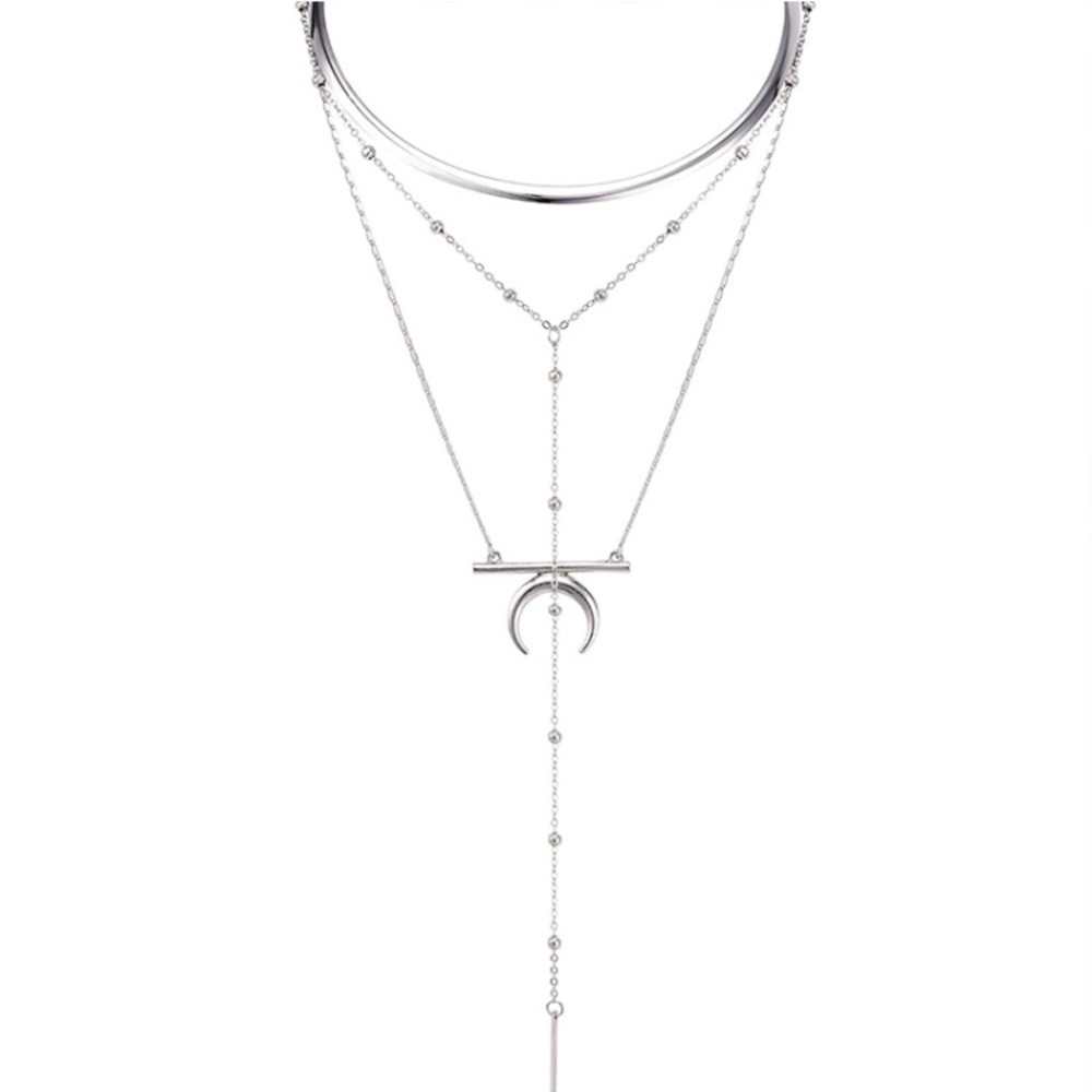 Boho Layered Silver Moon Pendant Necklace - Picture 2 of 3